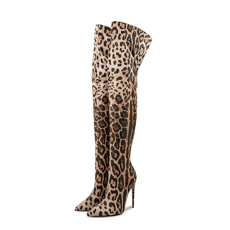 Botas Largas sexis con estampado de leopardo para mujer, calcetines elásticos hasta el muslo, botas de tacón alto de 10CM y 12cm, botas por encima de la rodilla para mujer 2025