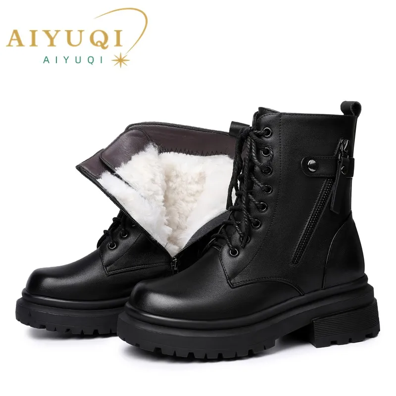 AIYUQI Women Boots Winter Large Size Genuine Leather Women Snow Boots Anti-Slip Fashion Natural Wool Women Combat Boots