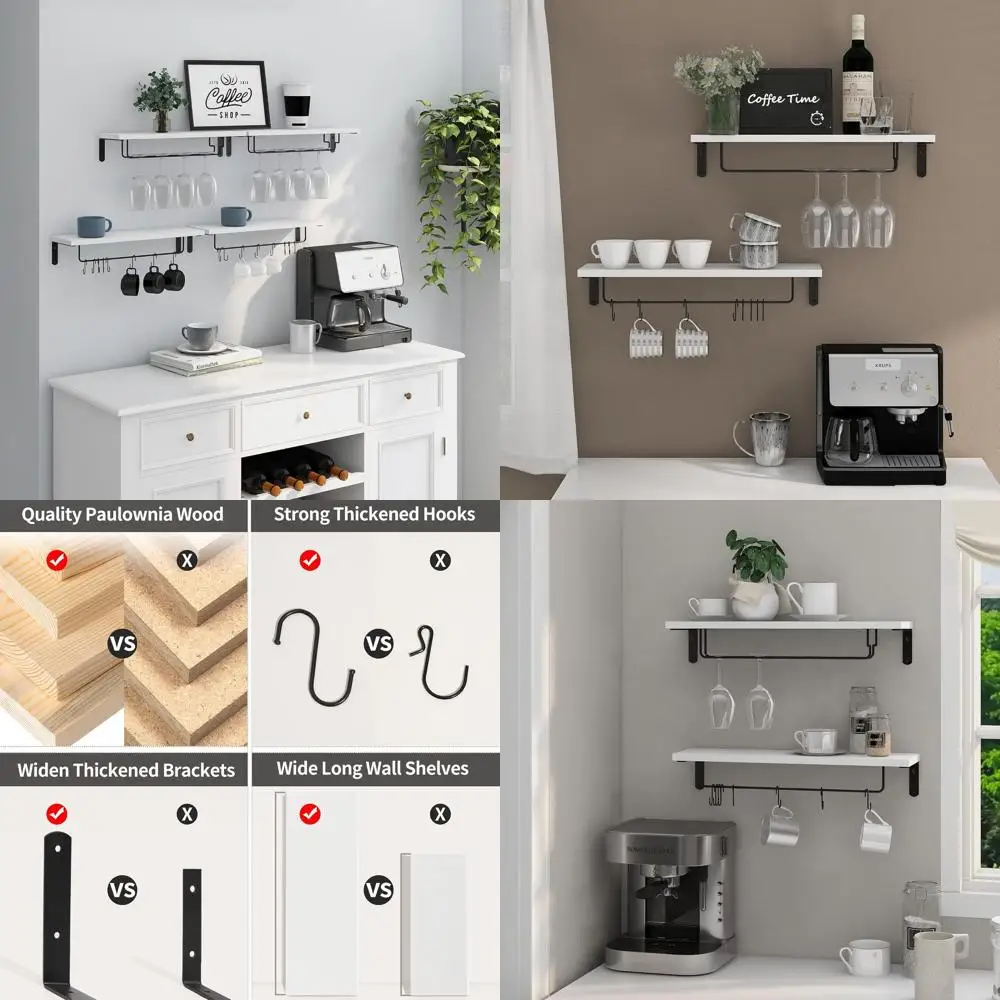 

Набор из 2-20-дюймовых настенных плавающих полков с крючками для кофейных кружек и стаканов.