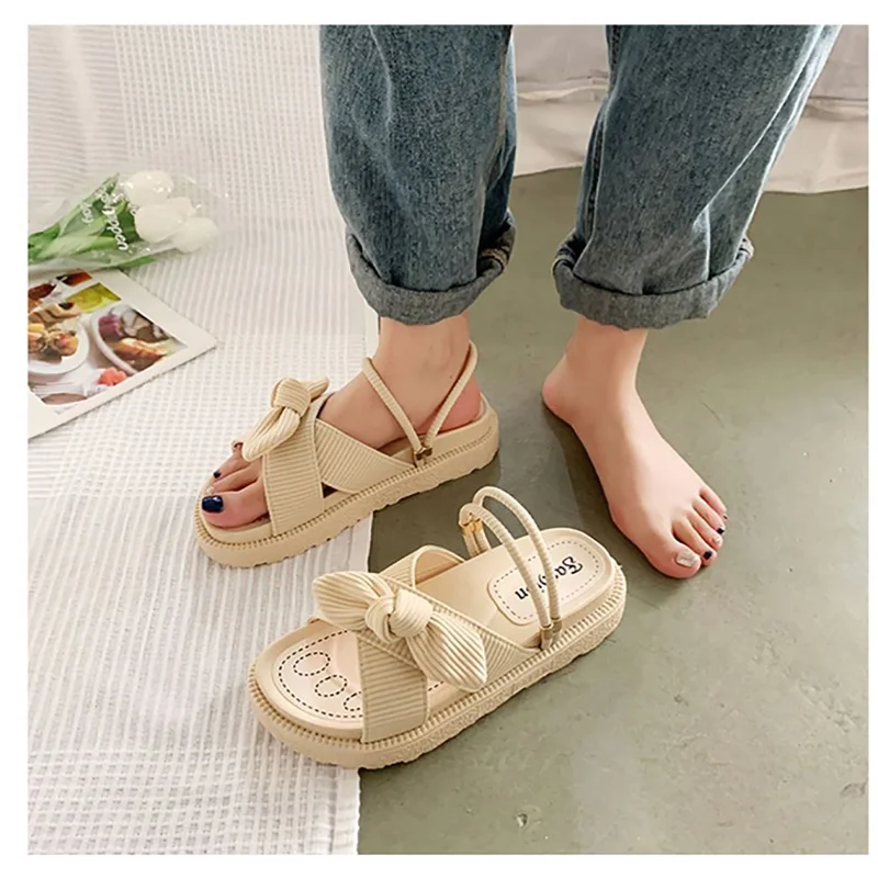 Fairy Style Lady Summer Slippers Thick Platform Flat Sandals with Butterfly-Knot Summer Flip Flops Sandals Women Shoes