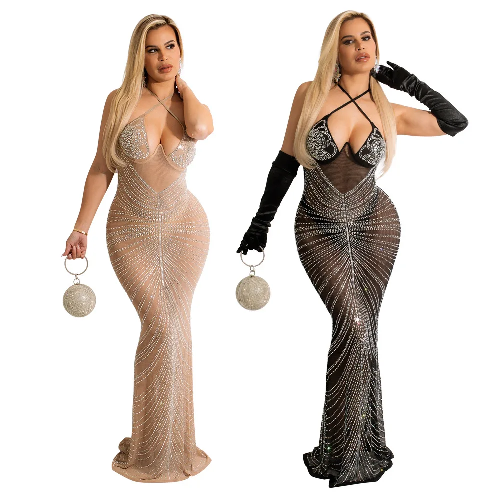 Neue mode hosenträger polyester mesh heißer bohrer abendkleid frauen