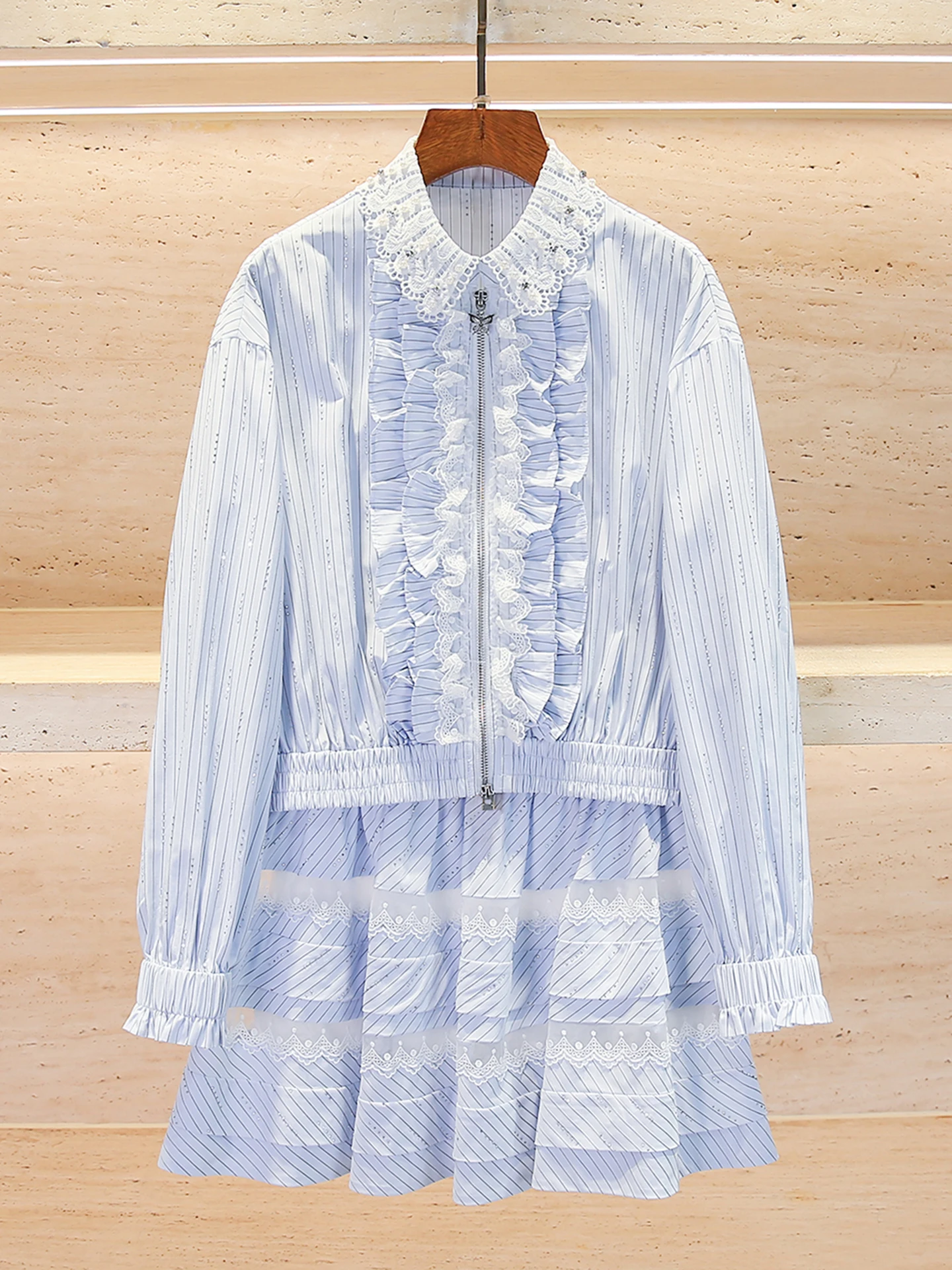 

Spring 2026 Women's High-End Floral Lace Trim Striped Shirt Top Half Skirt Set Fashionable Commute Style Polyester Fiber