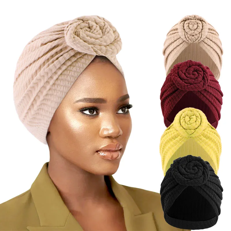 Gorro turbante musulmán para mujer, turbante con nudo superior, decoración floral, diadema para mujer, cubierta para el cabello de poliéster, gorro, pañuelo para la cabeza, gorro para quimio, Bandanas ﻿