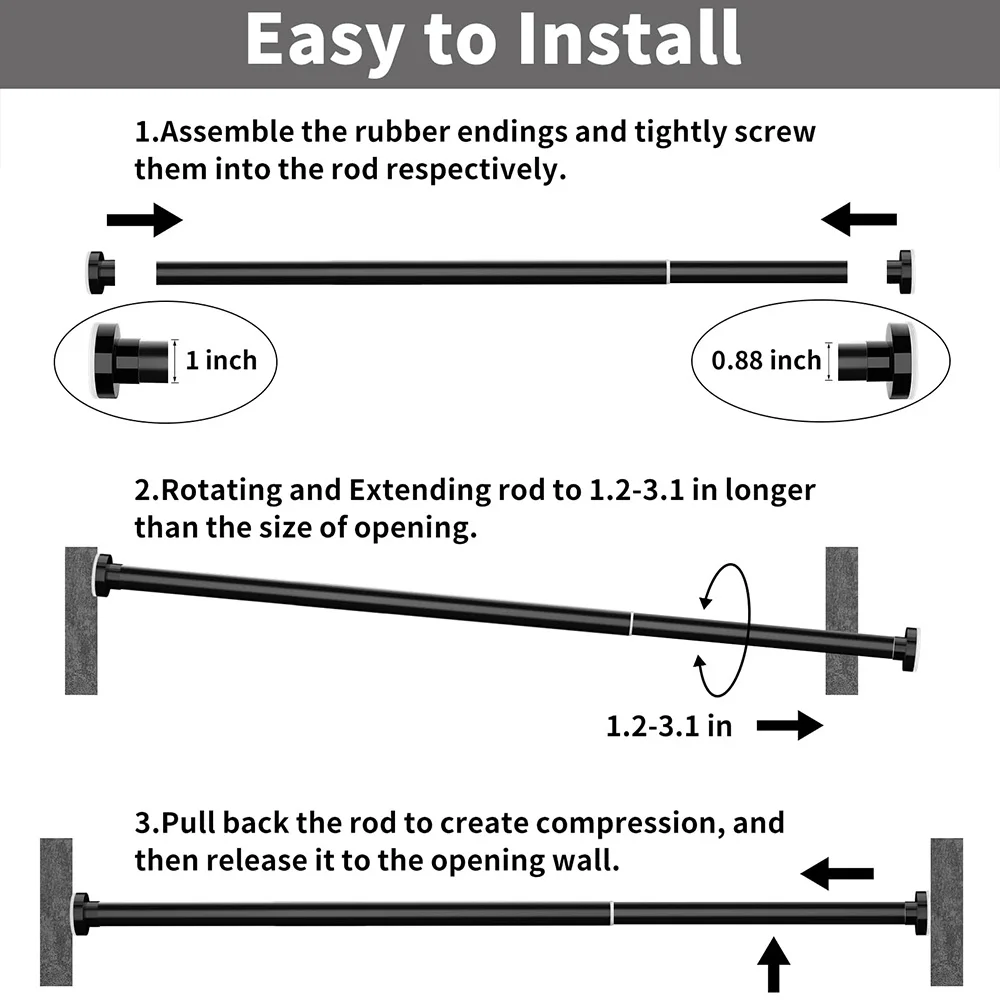 Up to 102 Inch Spring Tension Curtain Rod No Drilling Adjustable Shower Rods for Bathroom Windows Bedroom Closet Non-Slip Pole