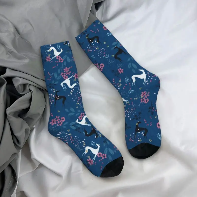 Fun Print Sighthound Greyhound Flower Love In Blue Socks for Women Men Stretchy Summer Autumn Winter Whippet Dog Crew Socks