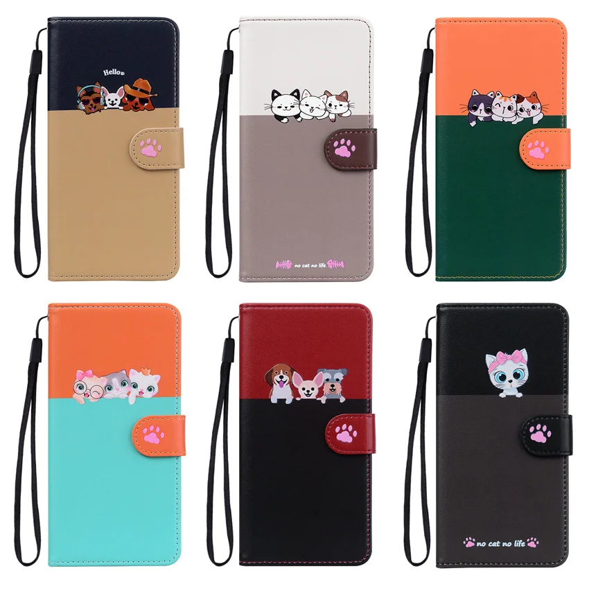 Cartoon Anime Flip Leather Phone Case For Samsung Galaxy S24 S23 S22 S21 S20 S10 Ultra Plus FE Pet Cat Dog Print Card Book Cover