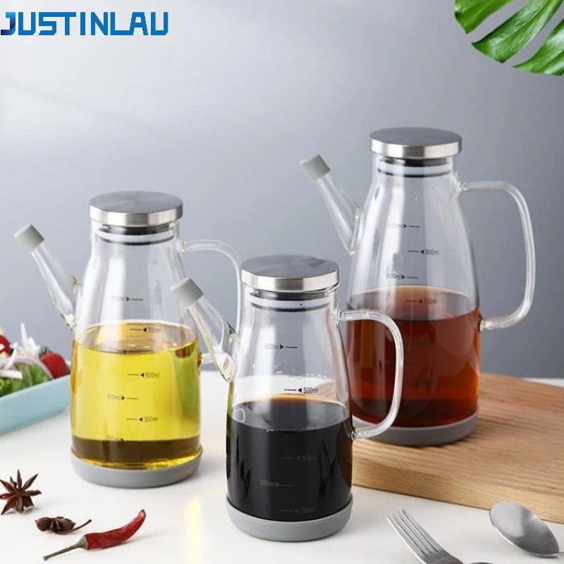 JUSTINLAU 600/800/1000ml Borosilicate Glass Oil Pot for Seasoning Bottle with Graduated Leak-Proof Kitchen BBQ Glass Oil Bottles