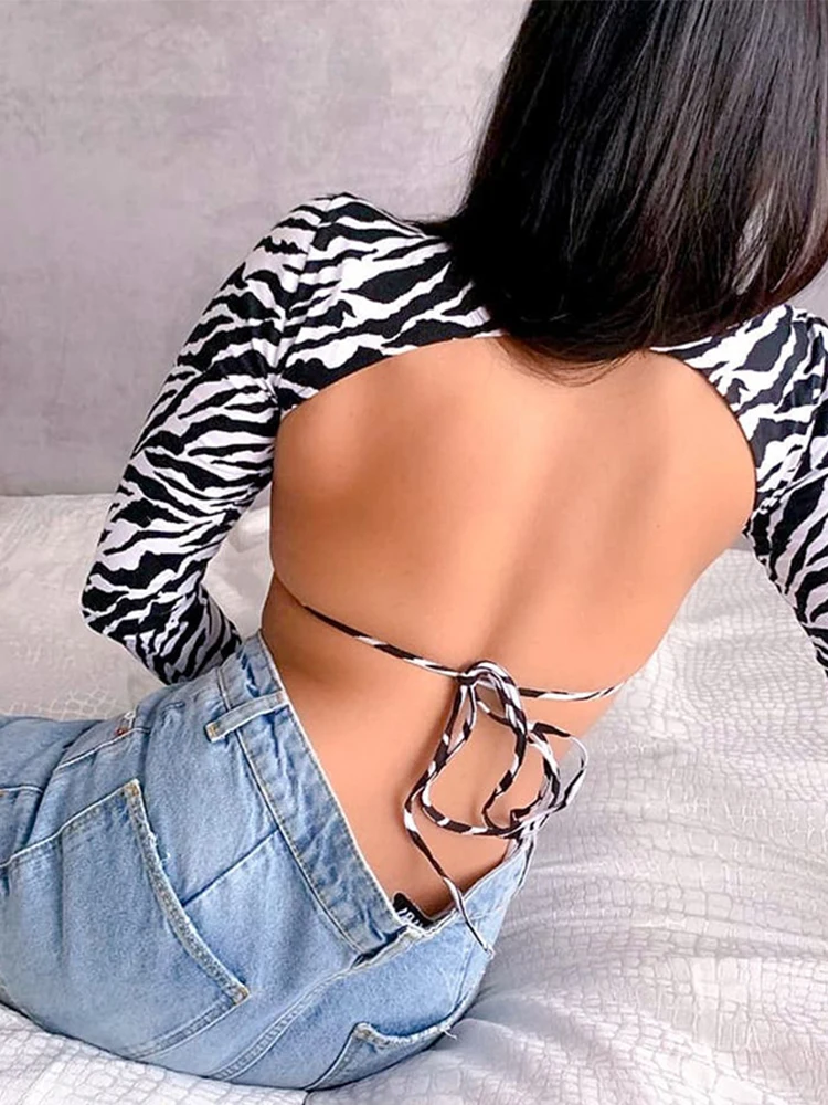 Animal Zebra Print Backless Cropped Tshirt Women Sexy Long Sleeve T-shirt Ladies Fashion Crop Tops Tees Streetwear