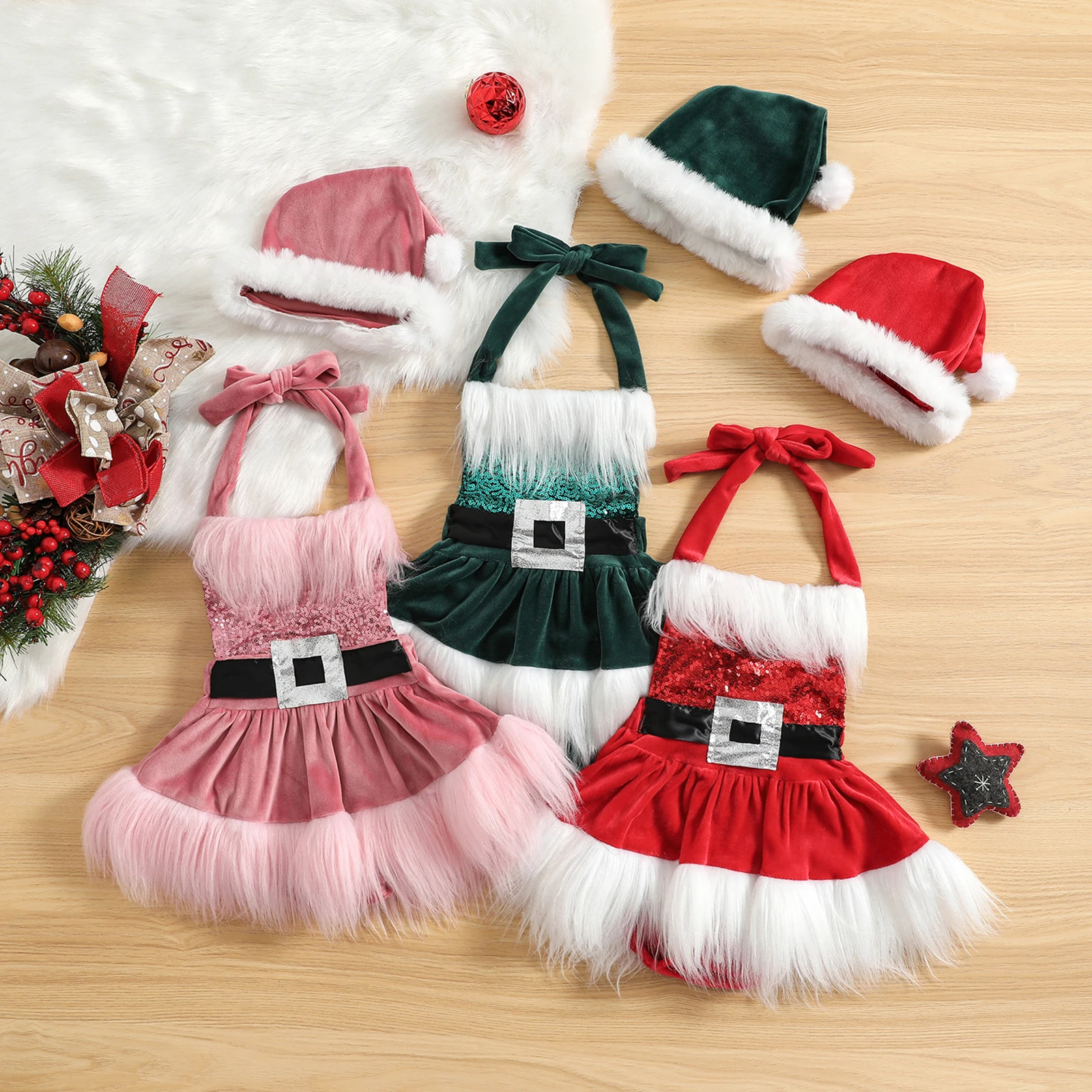 2022-08-30 Lioraitiin Baby Girls Christmas Romper Dress Sequins White Plush Trim Patchwork Sleeveless Tutu Jumpsuits with Hat