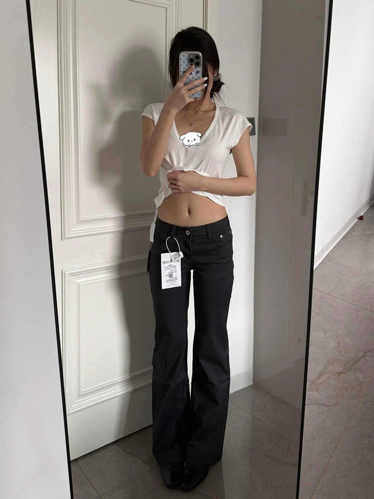 

Low Waist Bell Bottom Denim Jeans Women's Summer Fashion Pleated Dungaree Pants High Street Style Multi Pocket Workwear