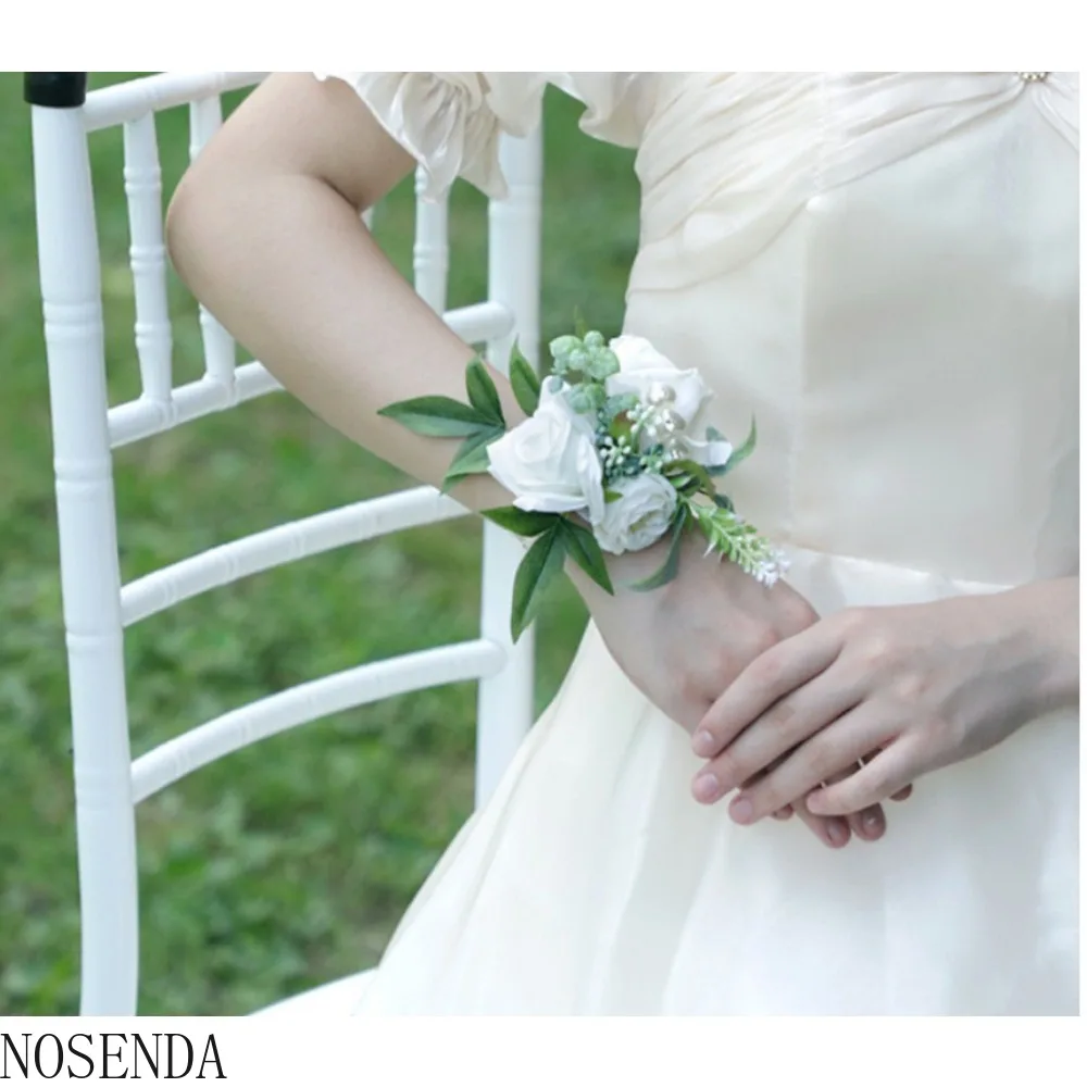 Flores de Madrinha de Casamento Branco boutonniere acessórios de casamento noivo buttonhole pulso corsage broche flores rosas de seda artificial damas de honra pulseiras