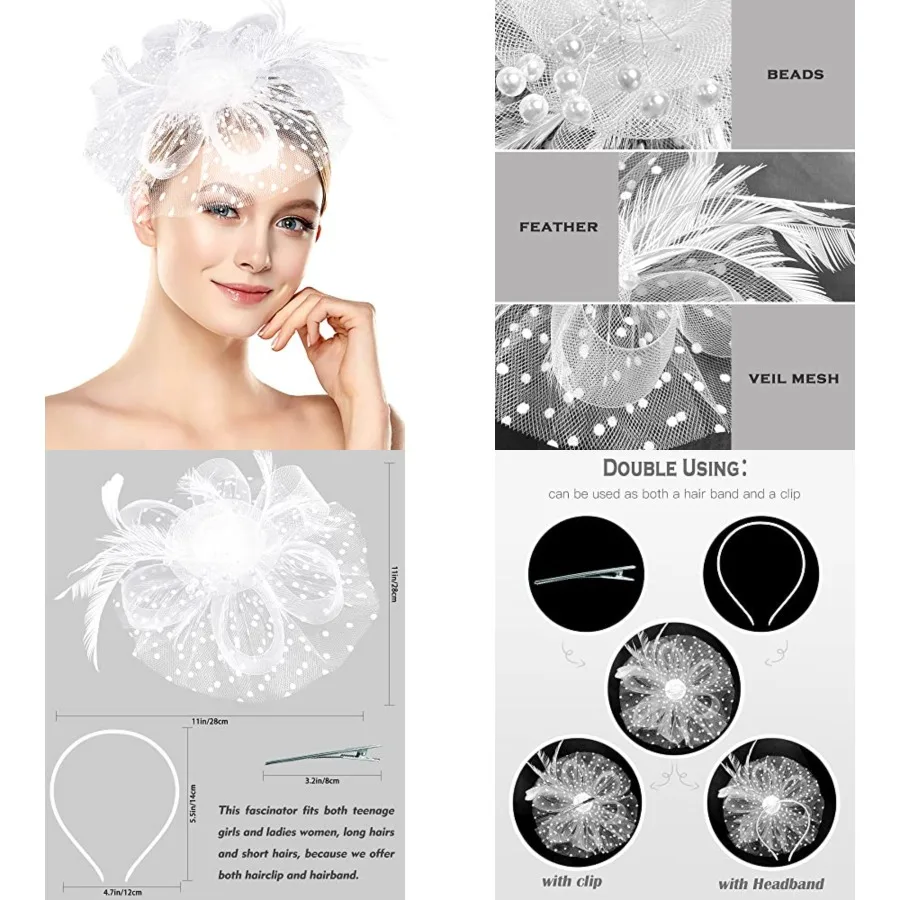 

Halloween Fascinators Hat for Women Tea Party Feather Headband Mardi Gras Cocktail Hat Weddings, White