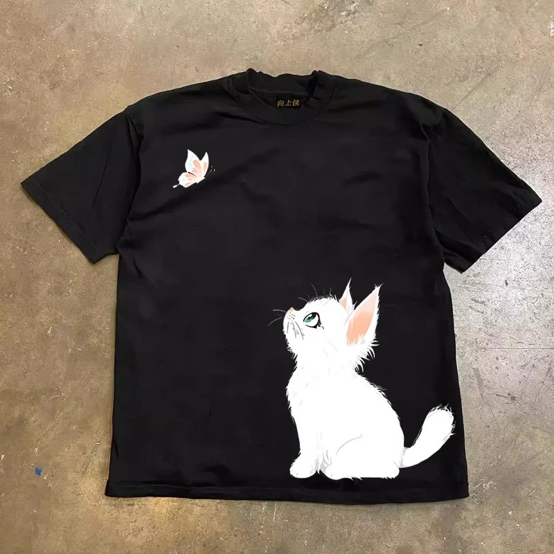 Upward Hero 3A260g Double Thread Pure Cotton Short Sleeve Loose Fit T-Shirt Unisex Summer Casual round Neck Tee for Couples