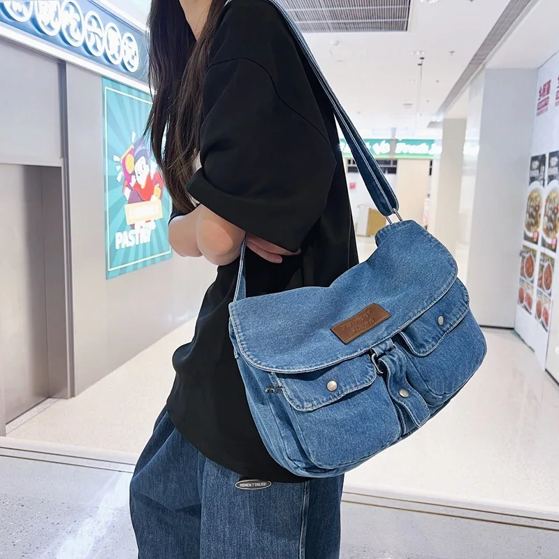 Vintage Simple Denim Bag Washed Cowboy Shoulder Crossbody Bag Women Student Leisure Travel Messenger Bag Japanese Purse Handbags