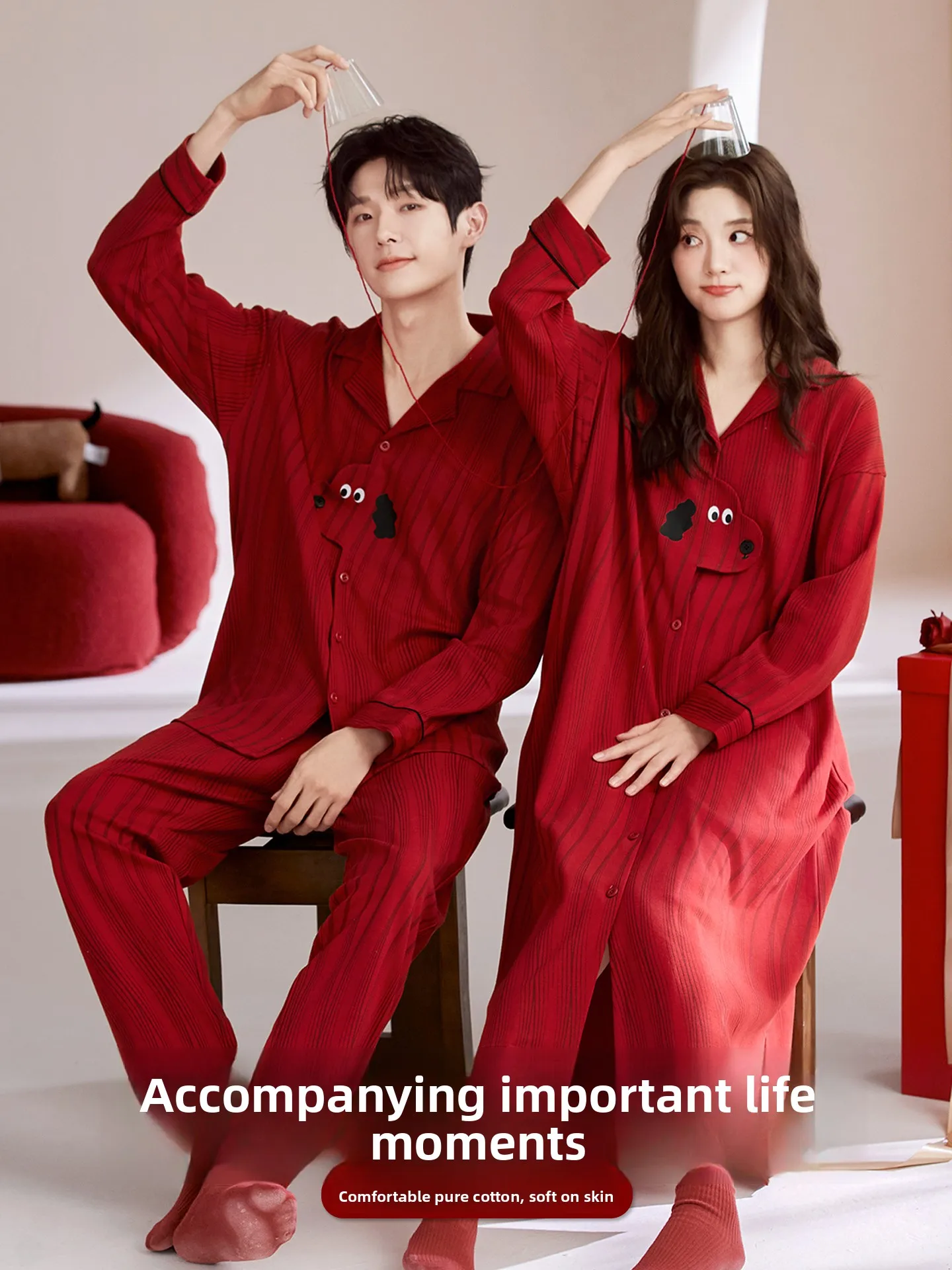 fenteng-care-couple's-sleepwear-set-pure-cotton-red-wedding-new-couple's-large-size-winter-warm-home-clothes-matching-pajamas