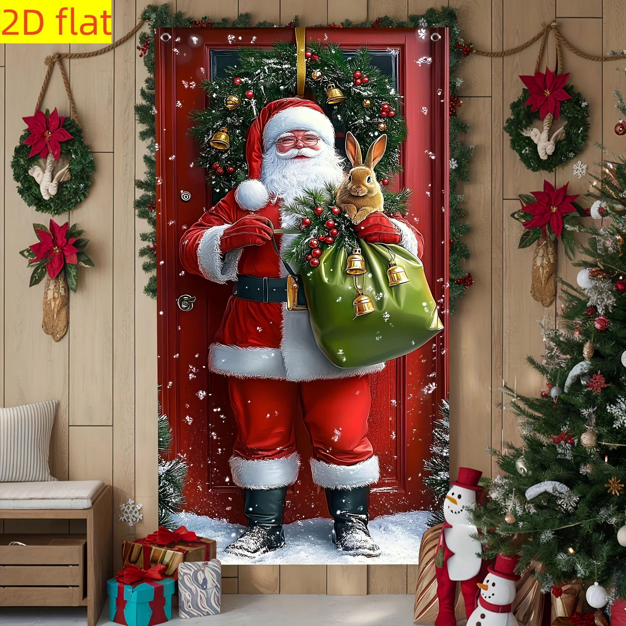 Ein flaches 2D-Türbanner aus Polyester mit Weihnachtsmann und Kaninchen, geeignet für Häuser, Büros und Partys