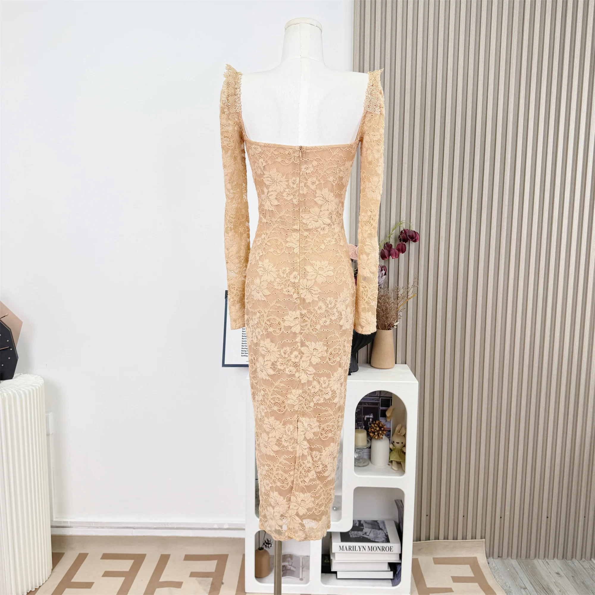 순수한 욕망 섹시 레이스 바디콘 롱 드레스 부드러운 하이웨이스트 가을 봄 긴 소매 프렌치 패션 우아한 파티 드레스 F571