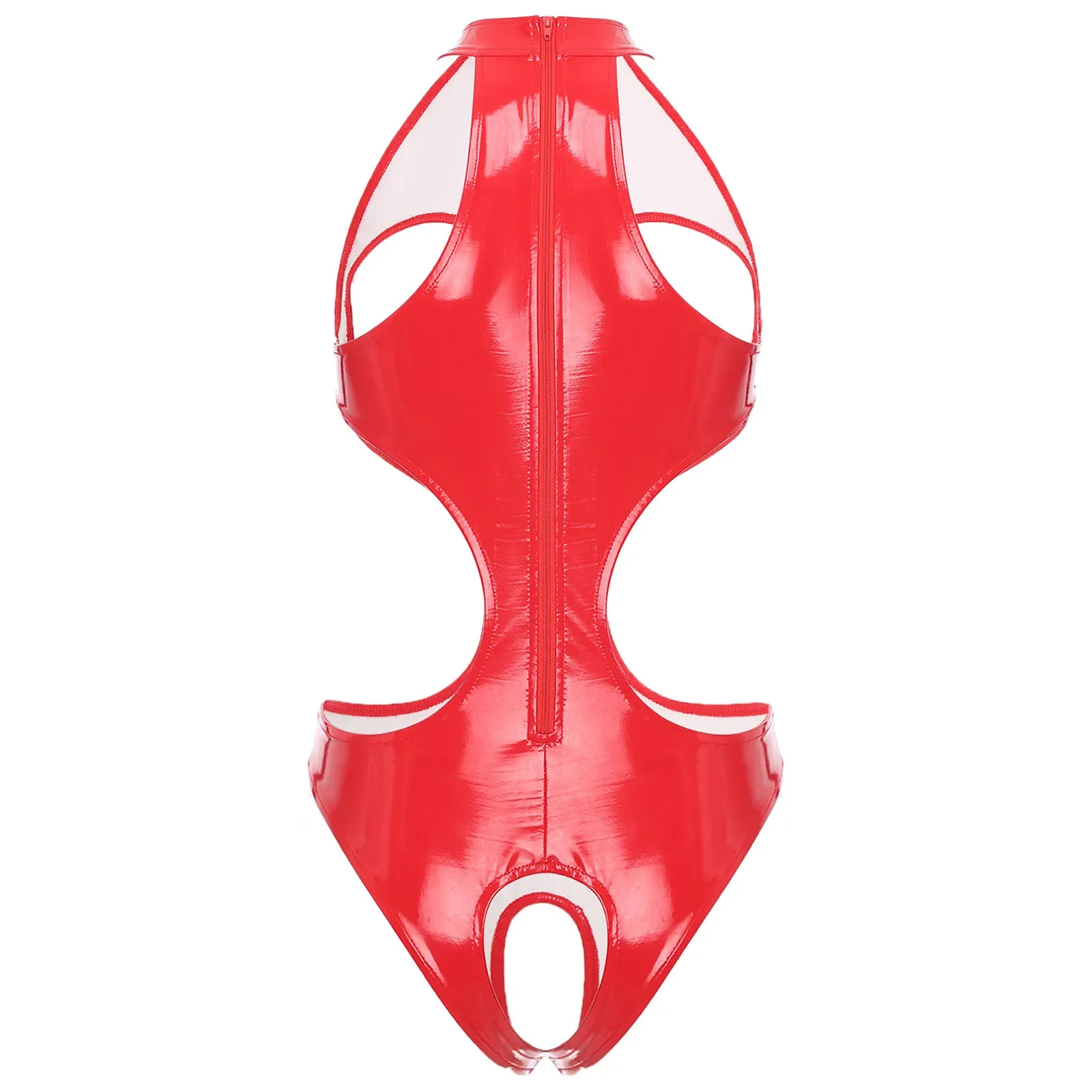 Women's Wetlook Bodysuit Cupless Latex Catsuit Sexy Hot Open Crotch Lingerie Patent Leather Cut Bra Bodycon Jumpsuit Rave Dance