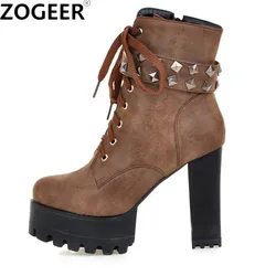 Fashion Women Ankle Boots Platform Punk Heeled Motorcycle Boot Sexy Buckle Rivets Black PU Leather Short Shoes Woman Big Size 48