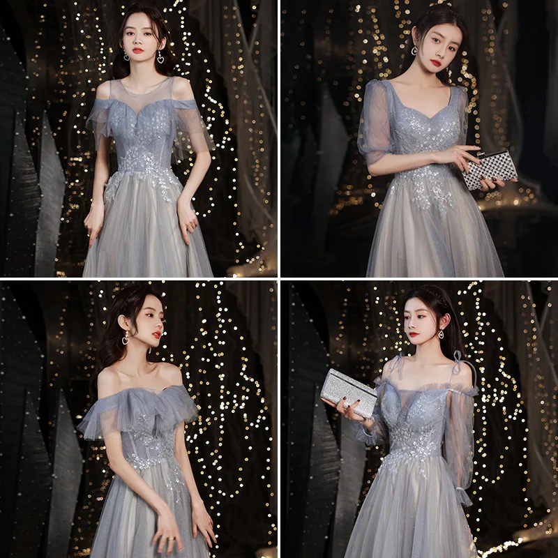 Off Shoulder Grey Bridesmaid Dress For Women Fairy Style Slim New Sisters Group Banquet Female Simple Elegant Evening Dresses