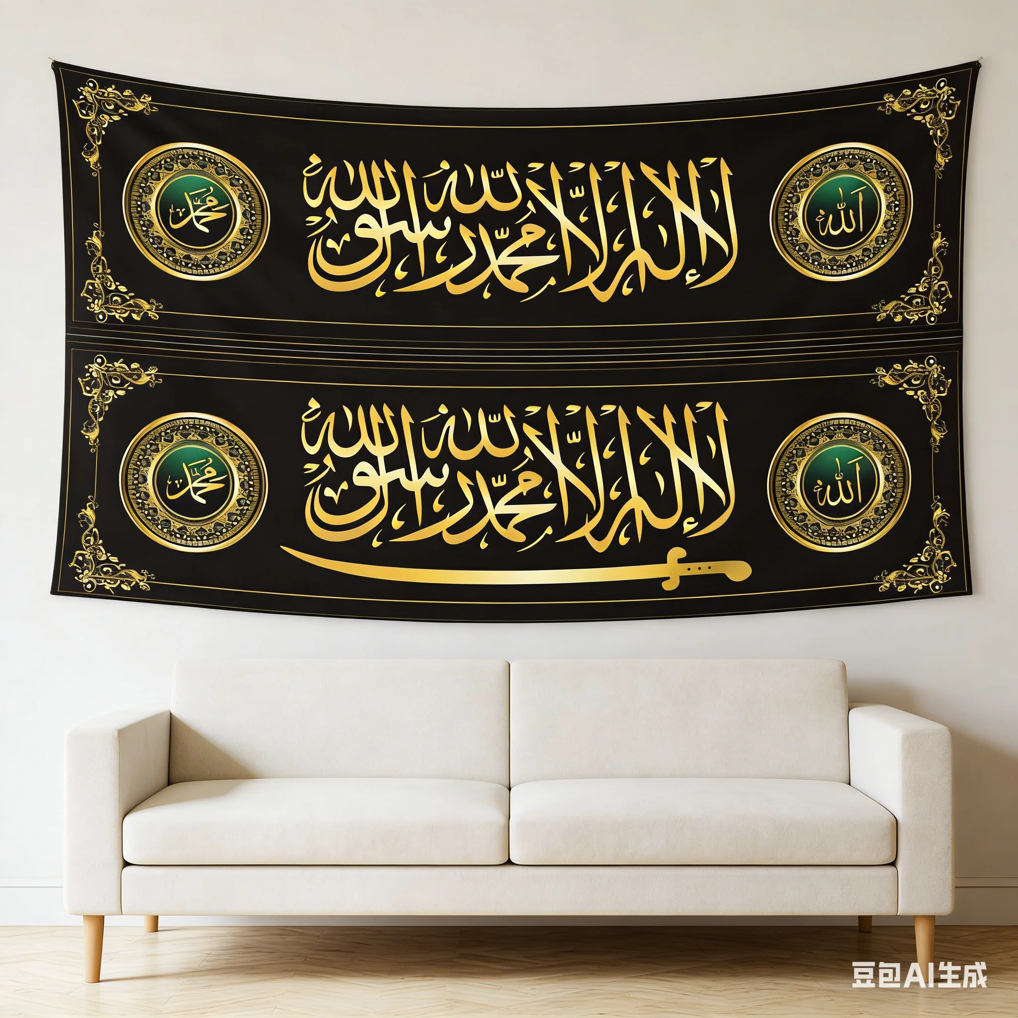 Islamic Calligraphy Tapestry Multiple Sizes Gold Foil Print Black Arabic Crescent Moon Polyester Bedroom Living Room Dorm Travel