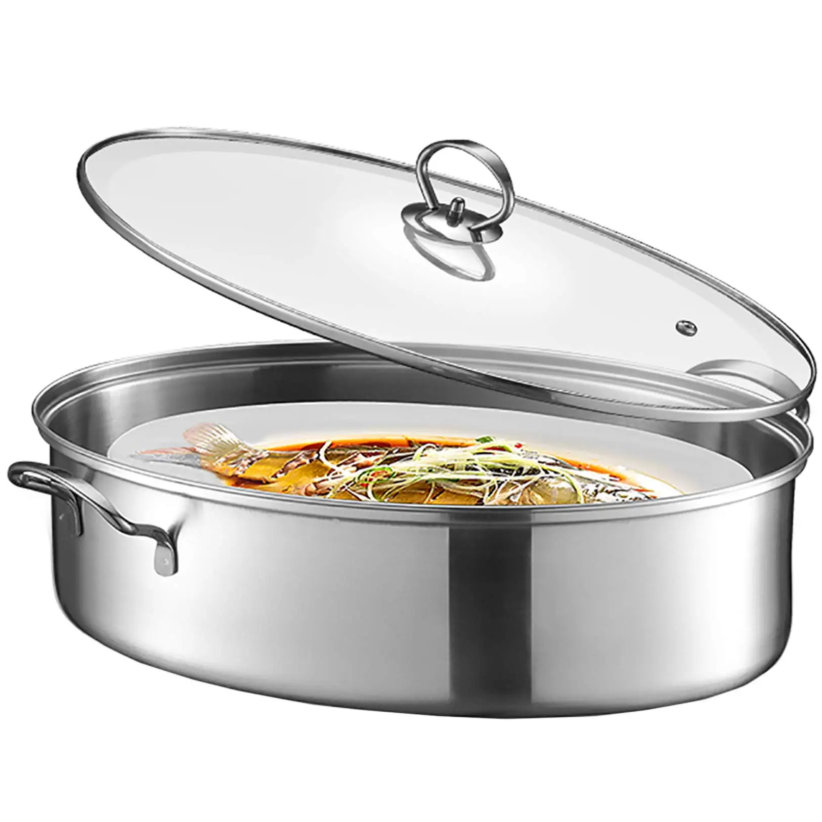 Steaming Fish Cookware Single Layer Thickening Heat Resistant Glass Lid Muti Purpose Oval Fish Steaming Pot Rustproof for Home