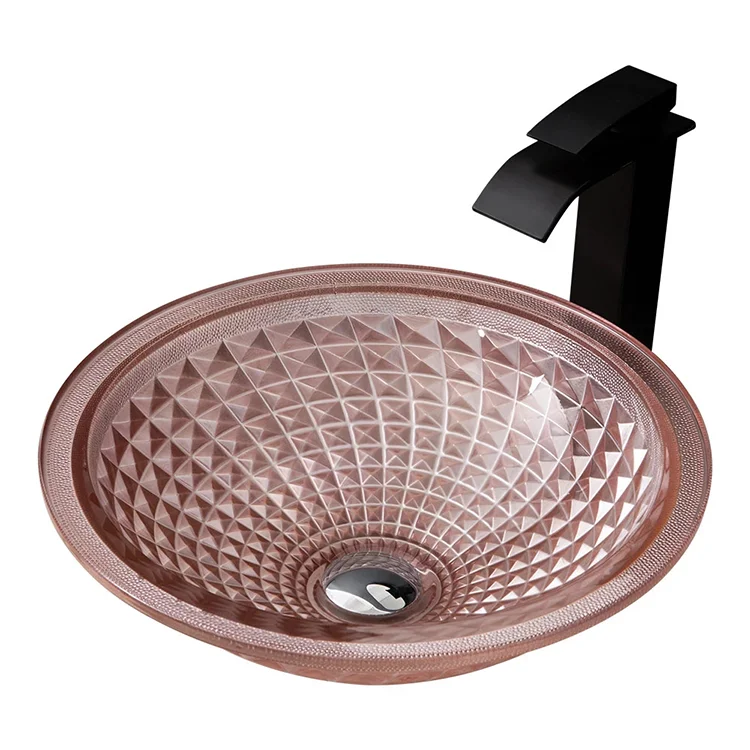 Countertop Basin Pink Round Diamond Glass Crystal Sink Light Luxury Bathroom Lavabo