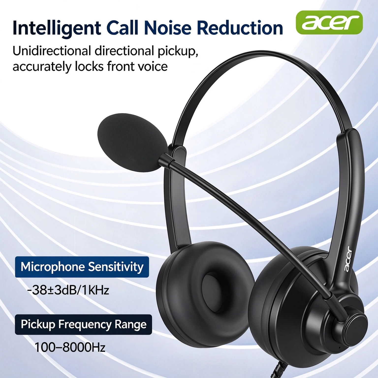 Acer OHW370 Operator Headset, Noise Cancelling Wired Headset with Mic for Call Center Customer Service, Online Courses, Video Co