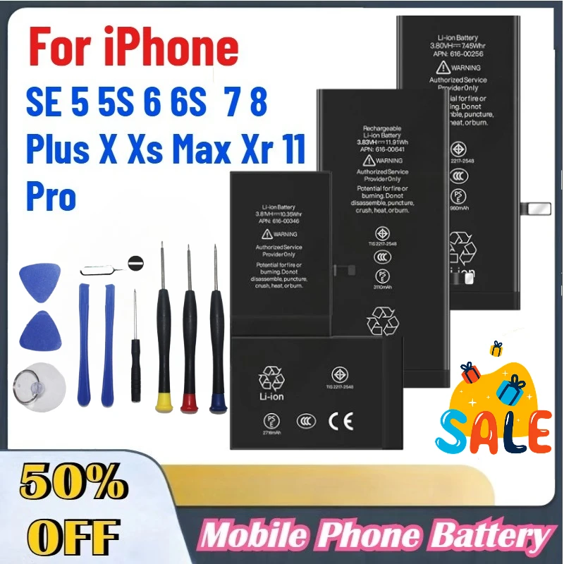 

High-Quality Battery For iPhone SE 5 5G 5S 5SE 6 6G 6S 6SP 7G 7P 8G 8P X Xs Xr 11 11Pro 11Pro Max Mobile Phone With Tools