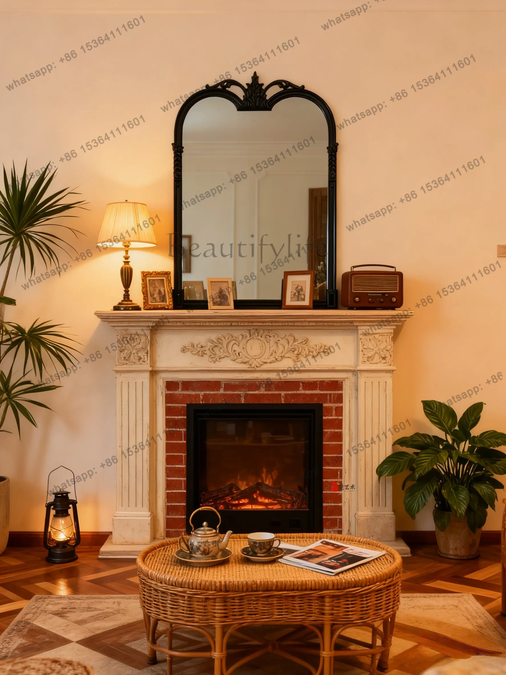 YJ French retro light luxury makeup mirror European carved bathroom bathroom vanity mirror wall fireplace decorative mirror