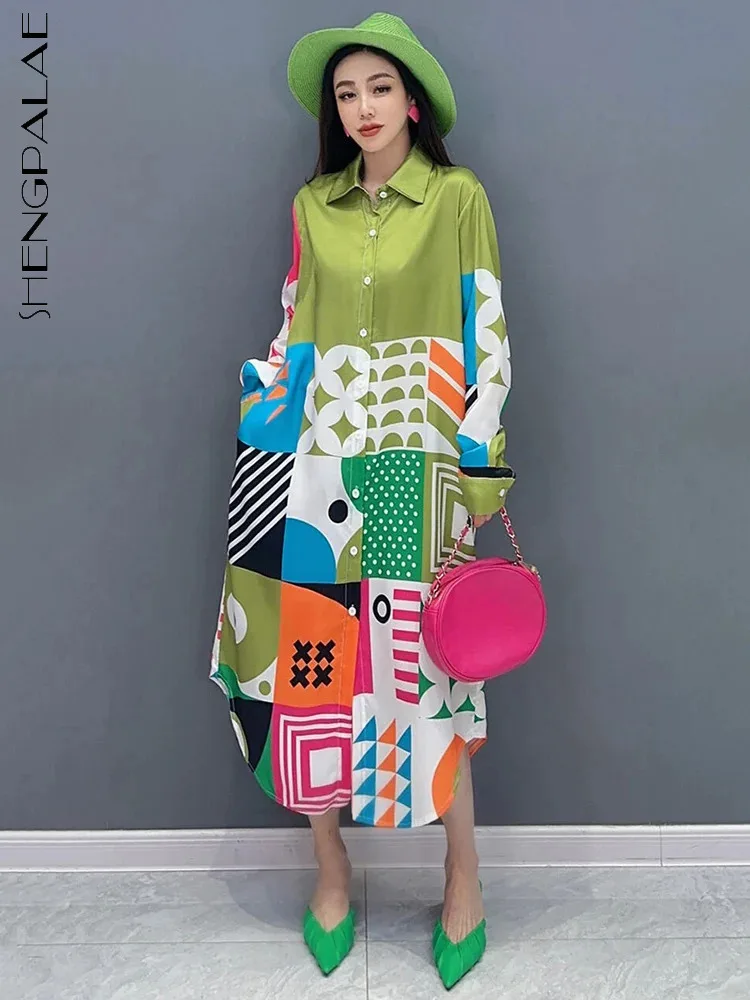 

SHENGPALAE Printed Casual Shirt Dress For Women Contrast Color Chic Lapel Single Breasted Loose Vestido Spring 2024 New 5R9366