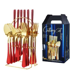 24Pcs Stainless Steel Dinnerware Set Knife Fork Spoon Tableware Flatware Set Festival Kitchen Dinnerware Gift Golden Cutlery Set view 6