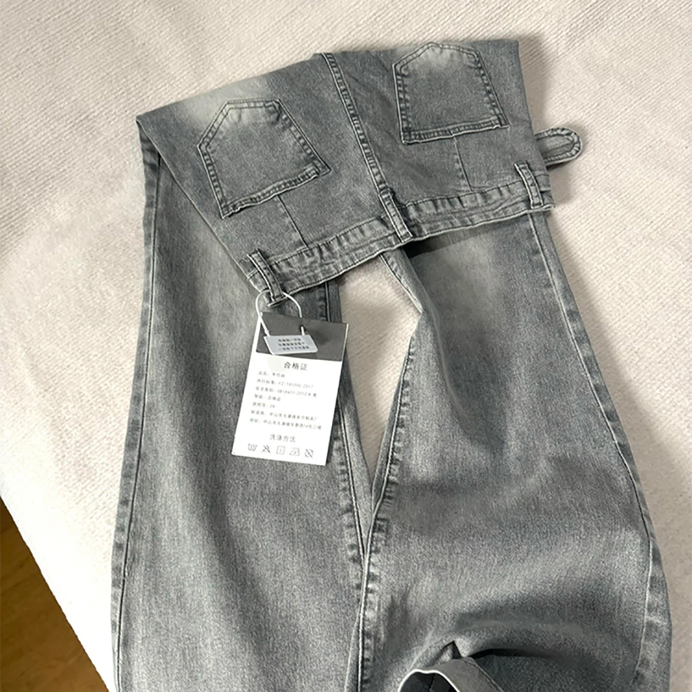 女性レトロ洗浄フレアジーンズアメリカンヴィンテージ秋ハイウエストグレーロングブーツカットパンツダメージデニムパンツストリート