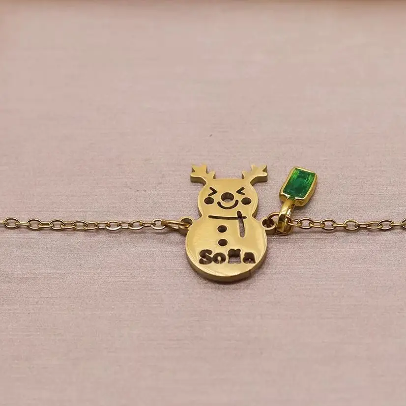 odorova Stainless Steel Snowman Bracelet With Custom Engraved Text, Hollow Design & Crystal Accent, Daily Winter Jewelry