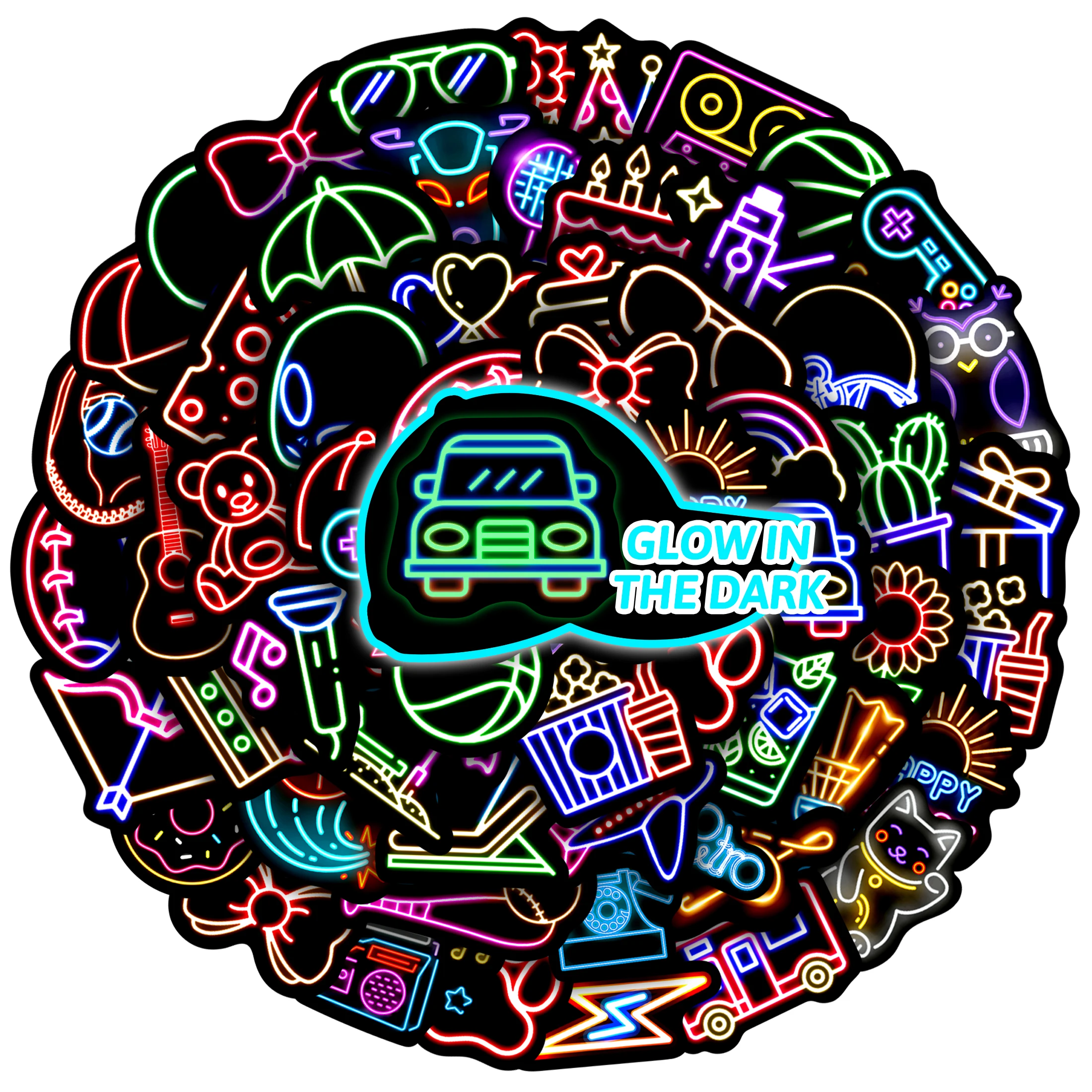 ملصقات زجاجة مياه نيون متوهجة في الظلام للأطفال، 51 قطعة من ملصقات الكمبيوتر المحمول اللطيفة المقاومة للماء من الفينيل، للبالغين والأطفال والمراهقين