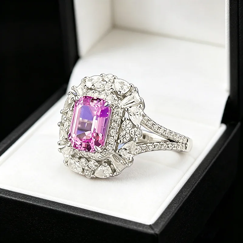 Luxury 18K white Solid Platinum PT950 certifid rectangular 6*8mm pink sapphire culture ring with multi-shaped diamond surround