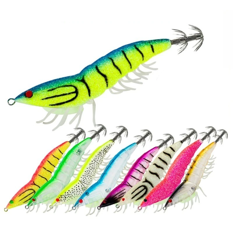 

3pcs 22g/12cm Luminous Rubber Squid Jig Wood Shrimp Squid Double Hook Saltwater Baits Fishing Tackle Soft Shrimp Fishing Lure