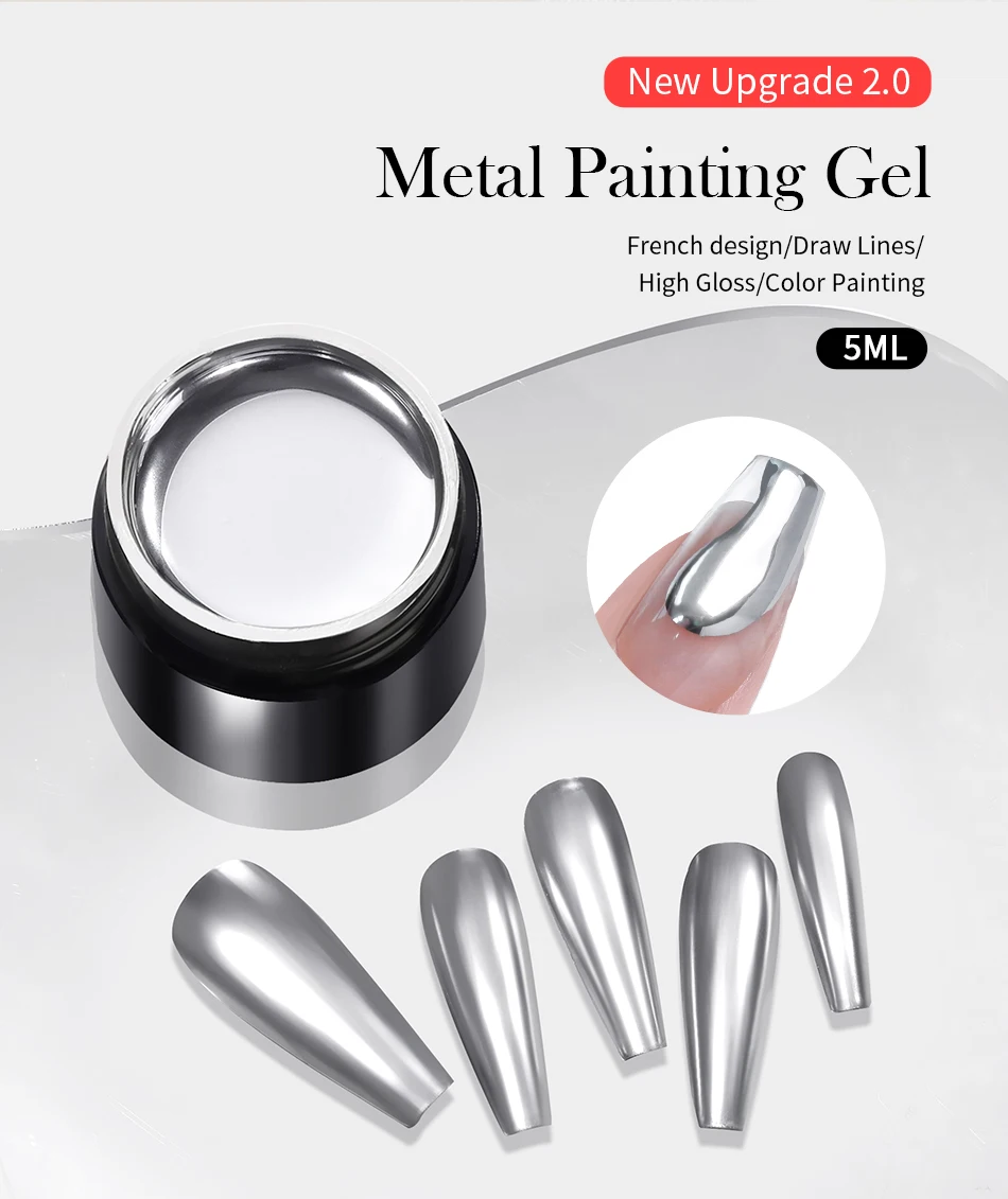 BORN PRETTY 5 ml Metallic-Malerei-Gel-Nagellack, starke Silber-Effektion, Nagelkunst, Soak Off Gel-Nagellack, silbernes Spiegel-Gel – Detail 1