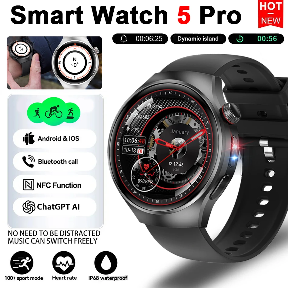

Watch 5 Smart Watch Men New 1.53" HD AMOLED Screen GPS track Heart Rate Bluetooth Call Compass Sport Smart Watch Breathing lamp