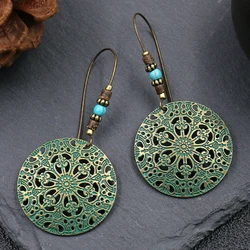 Vintage Bohemian Texture Dangle Earrings for Women Retro Ethnic Style Hollow Out Round Water Drop Leaf Earring Female Jewelry
