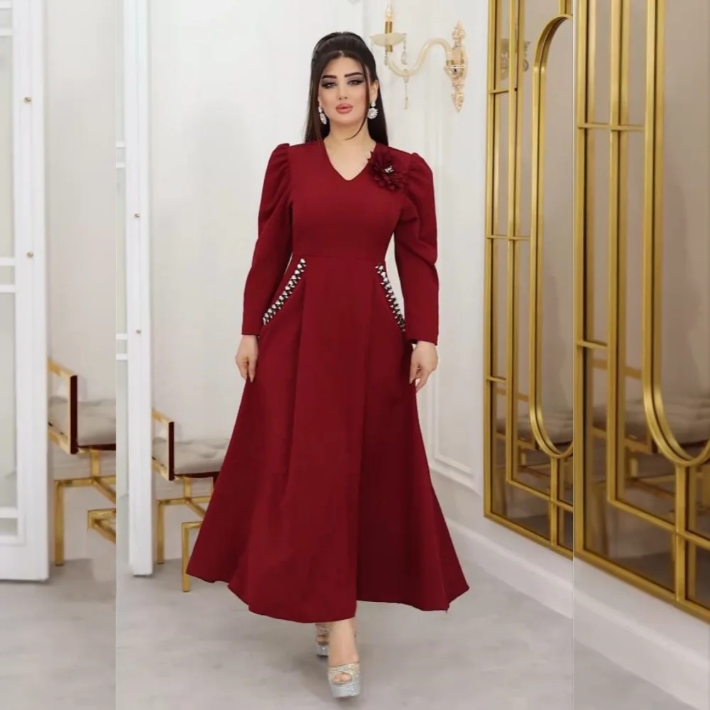 

Customized Jersey Applique Flower Beading V-neck A-line Midi Dresses Bespoke Occasion Classic Elegant High Quality Formal Party