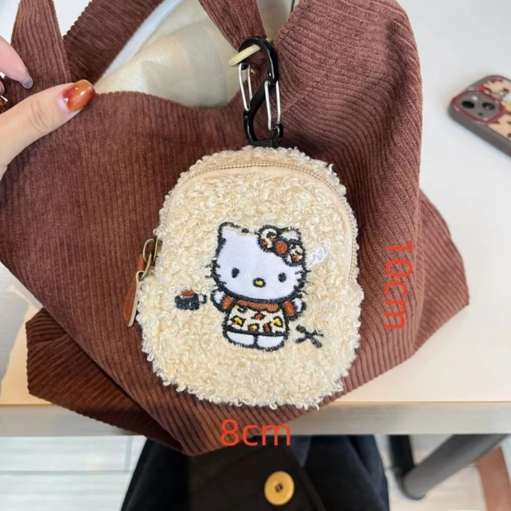 Olá kitty bolsa de moedas de pelúcia miniso bolsa de fone de ouvido nova moda dos desenhos animados versátil bordado estilo lã batom bolsa de armazenamento