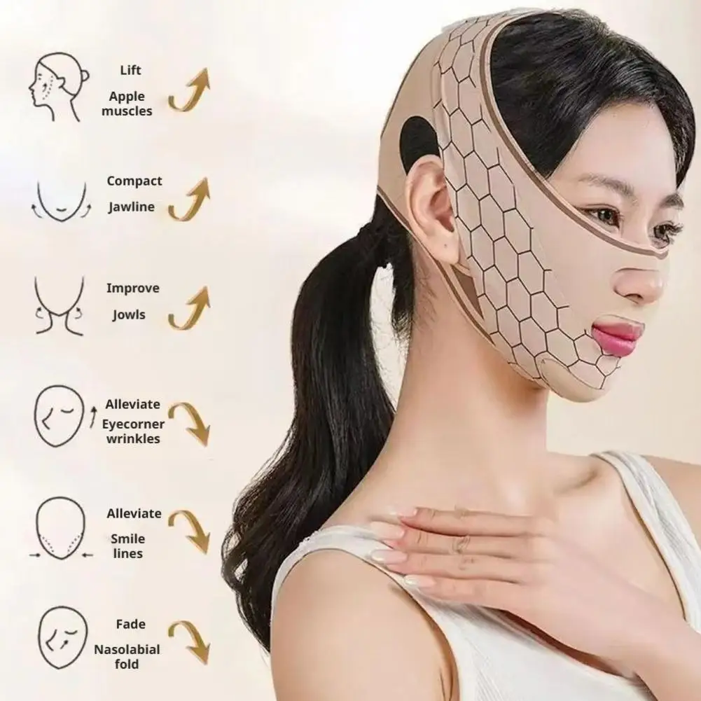 睡眠用チンストラップのアップグレード、二重あご軽減、Vラインリフティングマスクフェイススリミングストラップ、通気性のある顎ラインエクササイザー