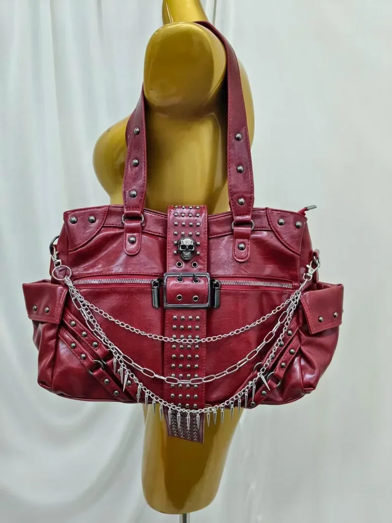 Large Faux Leather Motorcycle Crossbody Tote Bag Red Gothic Skull Rivet Shoulder Bag Women Y2K Punk Chain Spike Handbag