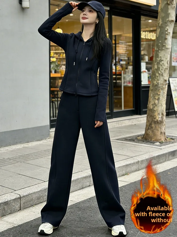 

Spring Fashion Anti-Aging Casual Sports Set Women's Slimming Fleece Jacket High Waist Wide Leg Pants Two-Piece Set