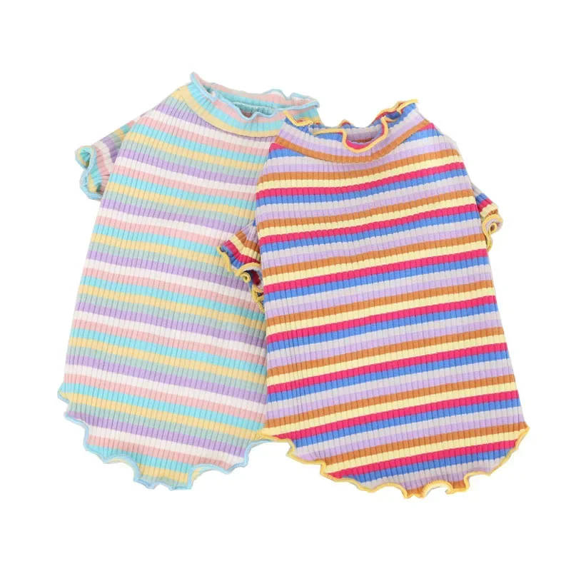 Autumn and Winter Colored Striped Bottom Shirt Teddy Pet Top Clothes Cotton Knitted Bottom Shirt Hoodie Two Feet Vest for Dog