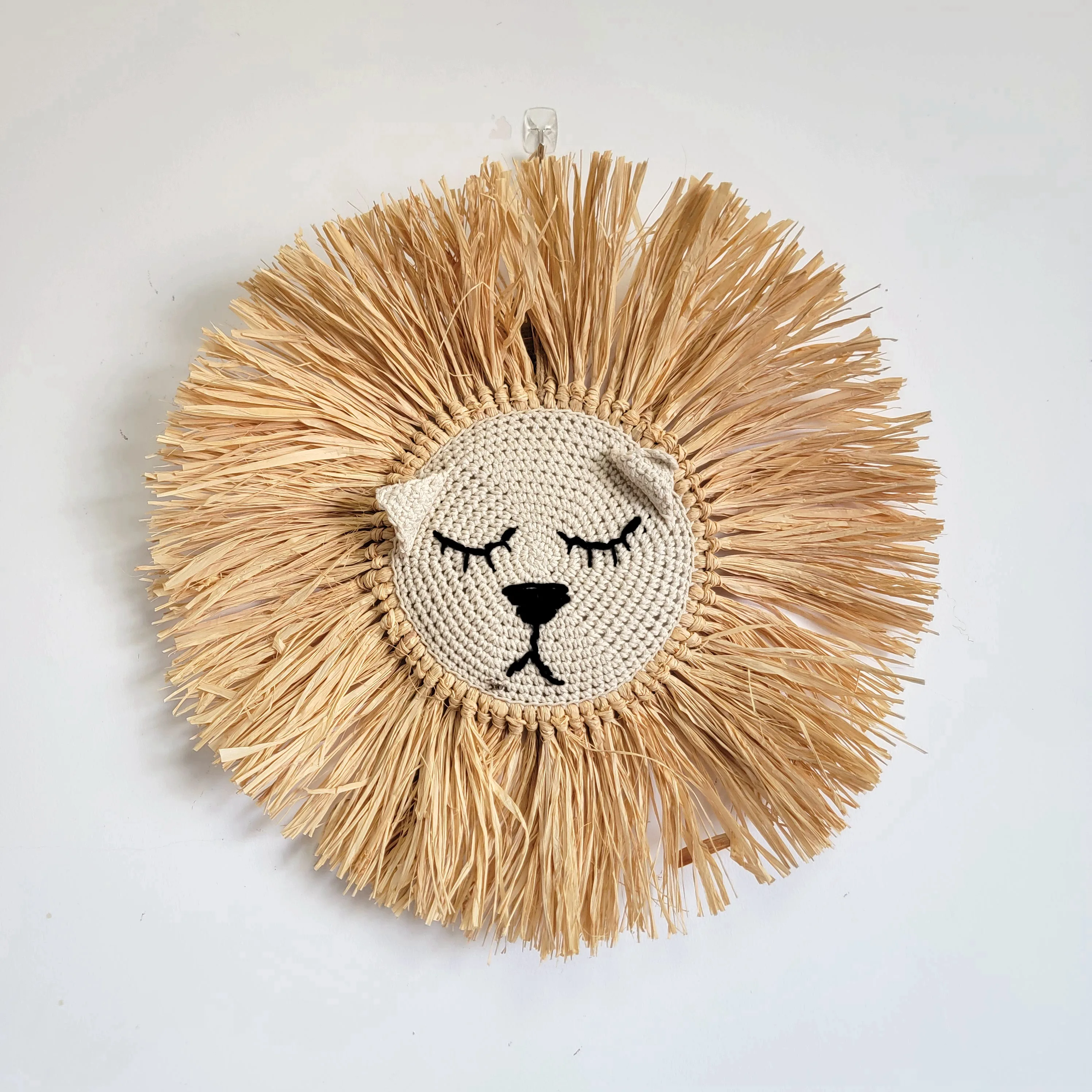 Raffia Lion Head Wall Decorative Hanger - D46cm - Natural Fiber Artwork for Home Decoration