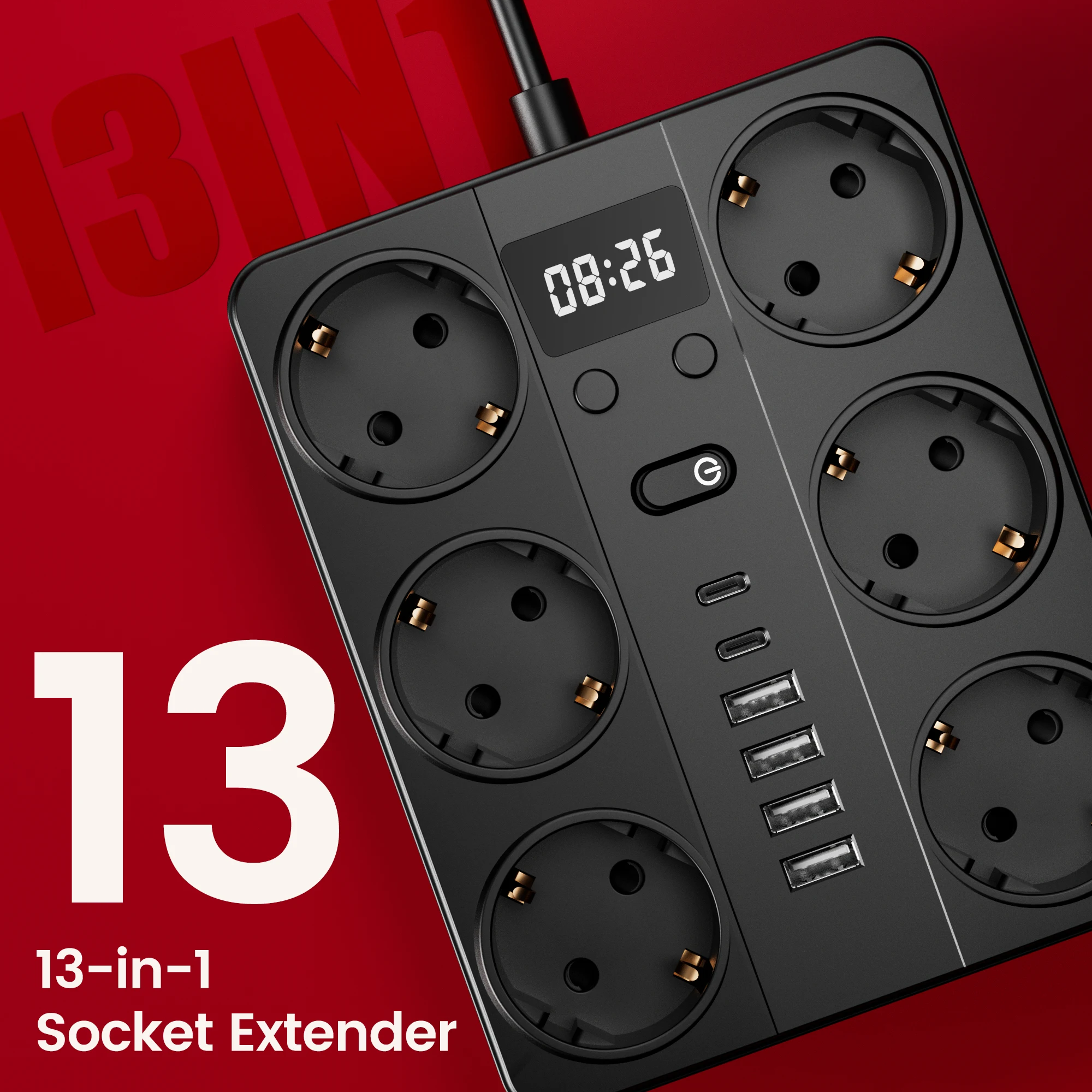 

13-in-1 High-Capacity EU Power Strip with 6 AC, 4 USB, 2 Type-C & Clock,Surge Protected for Office Workspaces