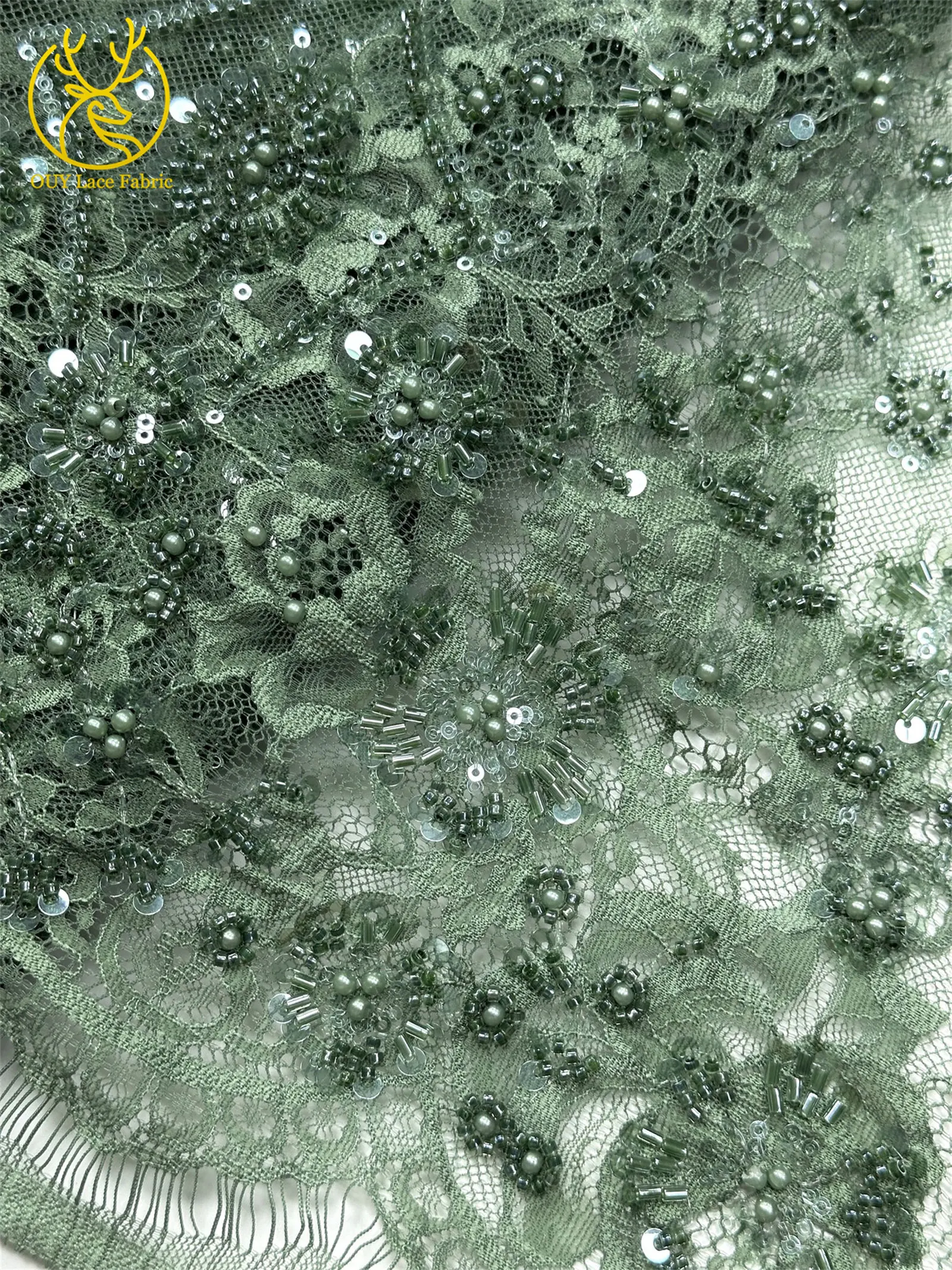 3 Meter exquisiter Perlen-Spitzenstoff, afrikanischer Spitzenstoff mit Pailletten und verstreuten Blumenstickereien zum Nähen von Brautkleidern – Detail 26