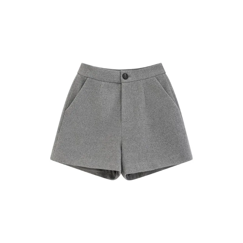 Women Elegant High Waist Wool-like Shorts Lady A-Line Wide Leg Slim Fit Pants for Autumn Winter Petite Casual Office Wear Outfit